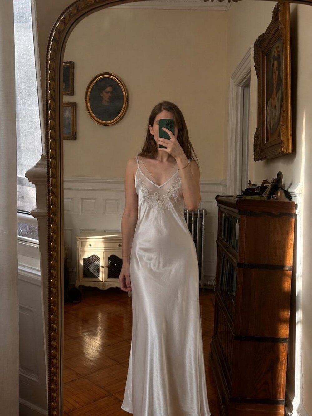 Vintage Satin Maxi Slip Dress White Open Back Floor Length Lingerie (u)
